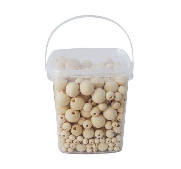 Seau de 600 perles rondes bois naturel, tailles assorties