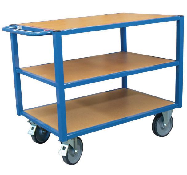 Servante 3 plateaux bois 500 kg bleue - plateaux 1200 mm x 800 mm