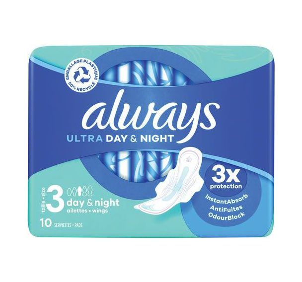 Serviette hygénique Ultra Jour & Nuit- Paquet de 10 - Always - Lot de 16