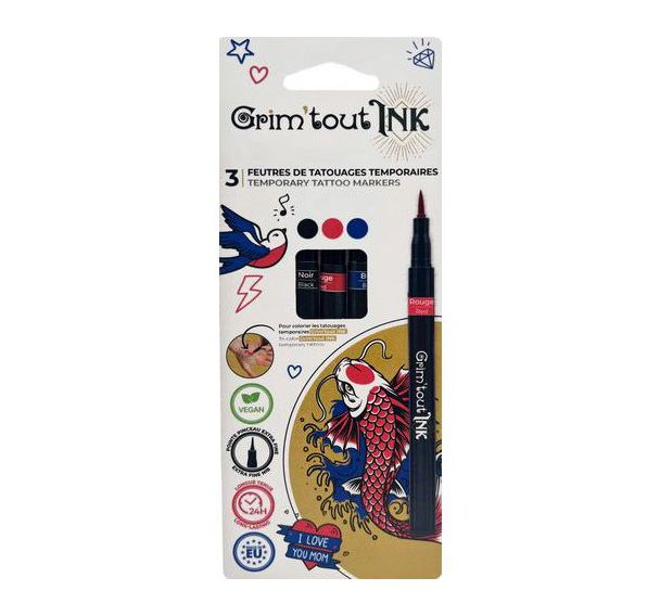 Set 3 stylos tatouage éphémère noir-rouge-bleu