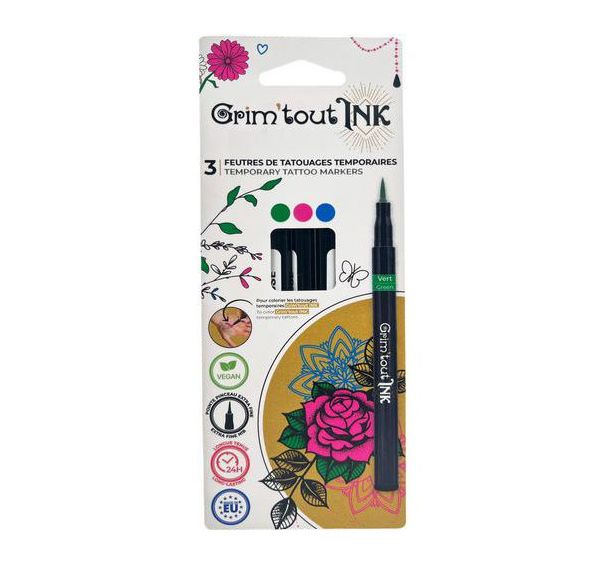 Set 3 stylos tatouage éphémère vert-rose-turquoise