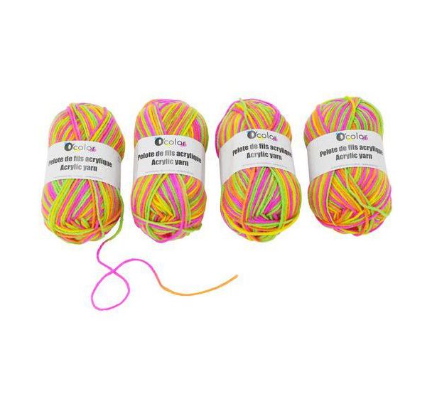Set 4 pelotes fils acrylique multicolore fluo - 50g