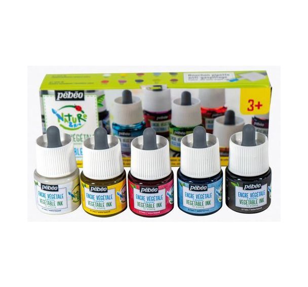 Set 5 flacons encre à dessiner végétale avec pipette 45 ml