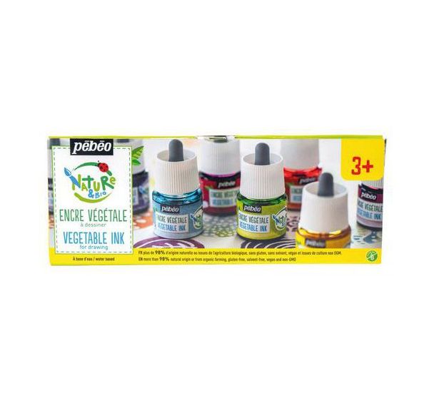 Set 5 flacons encre à dessiner végétale avec pipette 45 ml