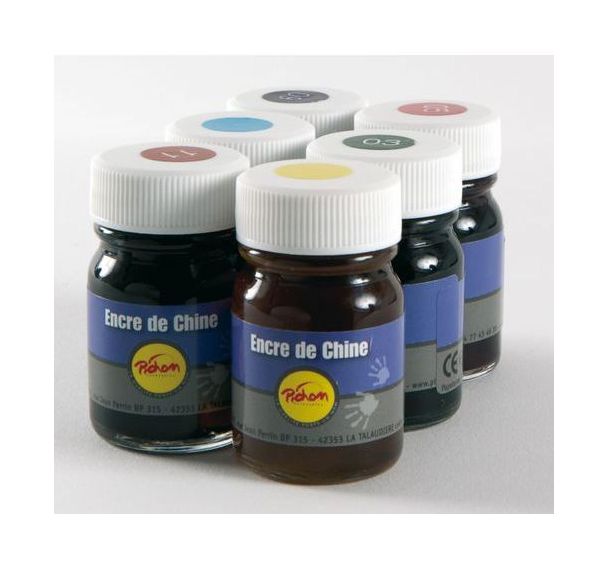 Set 6 flacons 50ml encre de Chine Pichon couleurs assorties