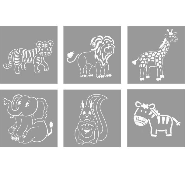 Set 6 pochoirs animaux 15 x 15 cm