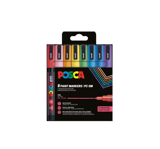 Set 8 marqueurs Posca pailletés pointe conique fine 1.5 mm