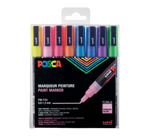 Set 8 marqueurs Posca pailletés pointe conique fine 1.5 mm