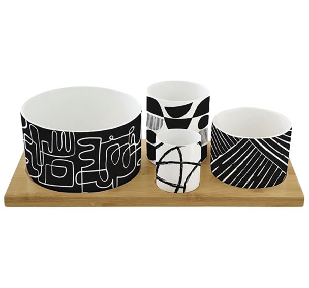 Set apéritif 4 coupelles en porcelaine sur plateau Bambou-Easy Life