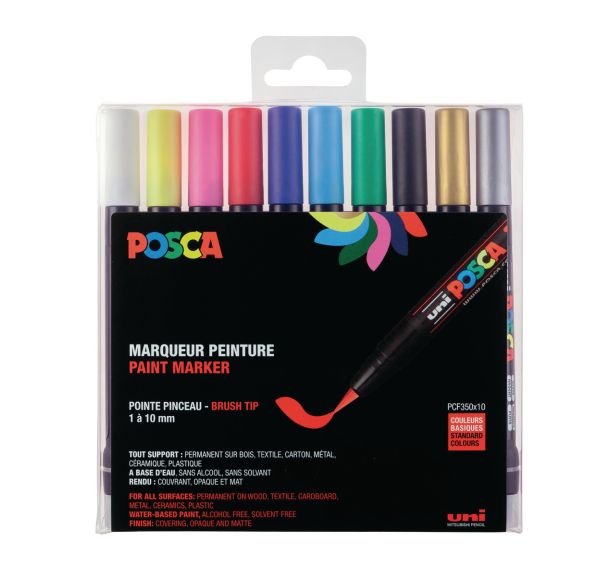 Set de 10 marqueurs POSCA pointe pinceau – Couleurs basiques