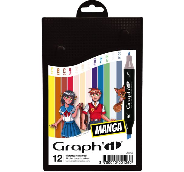 Set de 12 marqueurs à l'alcool Graph'it double pointe en couleurs assorties