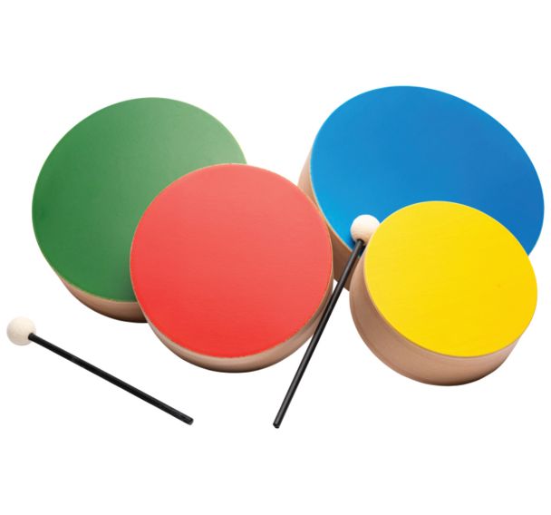 Set de 4 tambours bois - couleur + 2 mailloches-Fuzeau