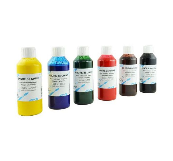 Set de 6 flacons d'encre de Chine 250ml, couleurs assorties
