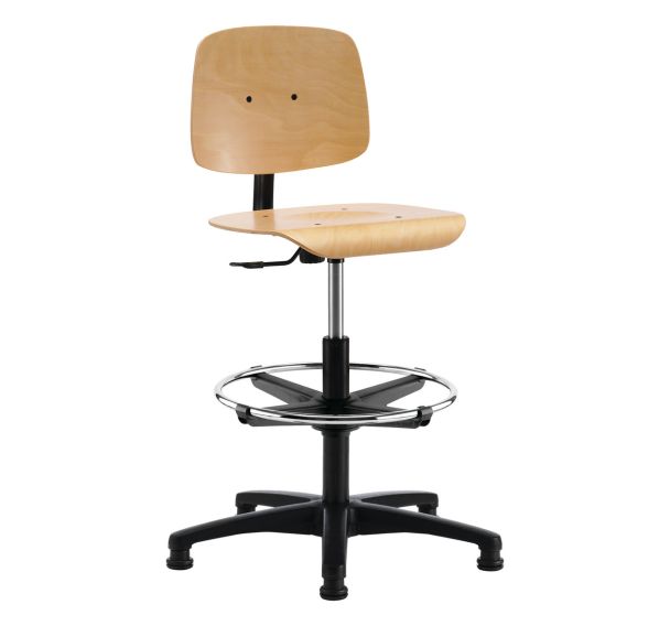 Siège d'atelier haut assise et dossier bois avec repose-pieds