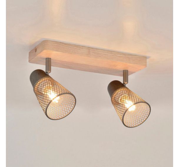 Spot base carrée en métal 2 lumières effet bois Hillside naturel