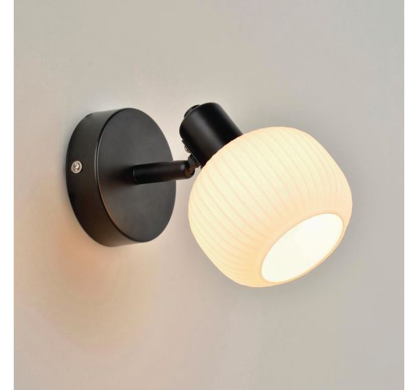 Spot base ronde 1 lumière métal avec abat-jour en verre Shelby noir/opale