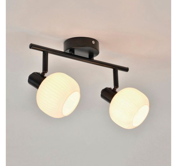 Spot base ronde 2 lumières métal avec abat-jour en verre Shelby noir/opale