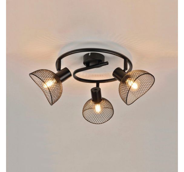 Spot base ronde 3 lumières en métal. Abat-jour en métal grillagé Iris noir