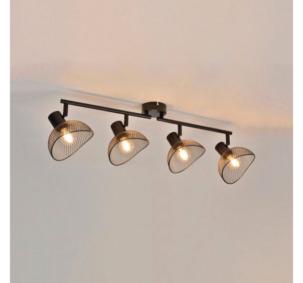 Spot base ronde 4 lumières en métal. Abat-jour en métal grillagé Iris noir