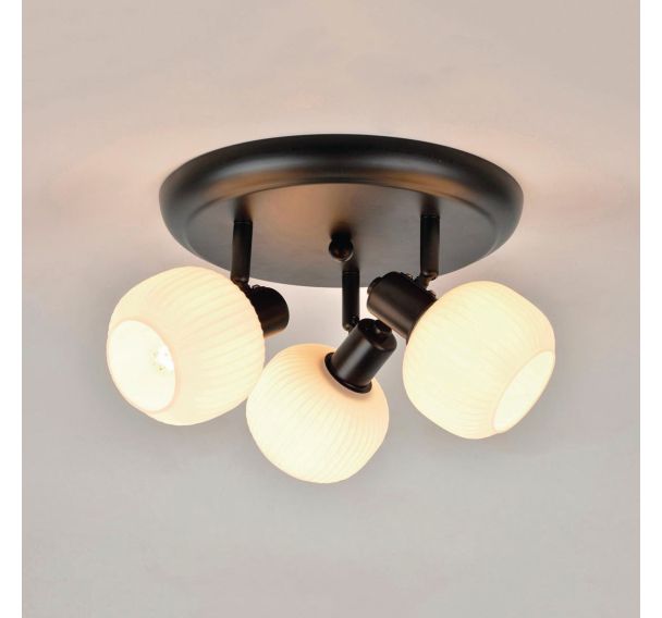 Spot base ronde 4 lumières métal avec abat-jour en verre Shelby noir/opale