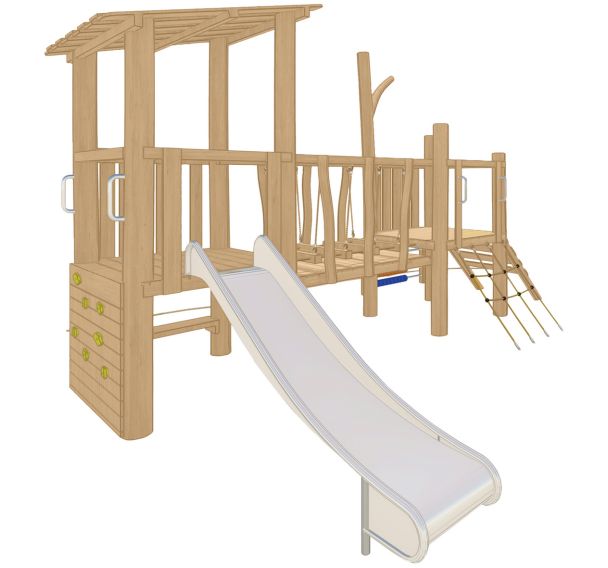 Structure robinier 2 tours zones de grimpe toboggan filet pont scellement direct
