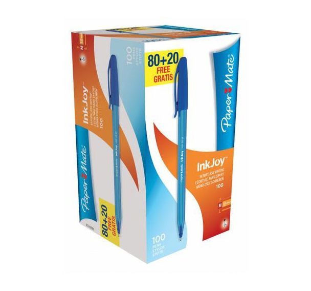 Stylo bille Paper Mate à capuchon InkJoy, pointe moyenne 1 mm (Boite de 100) -  bleu