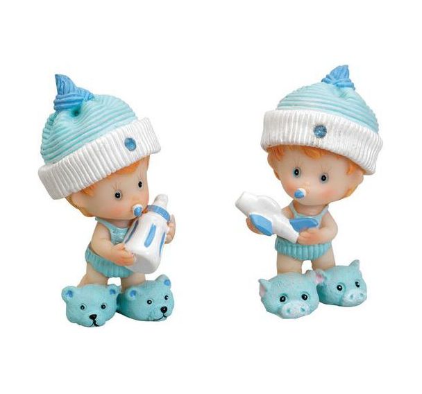 Sujet bébé avec biberon debout - bleu - 7,5 cm