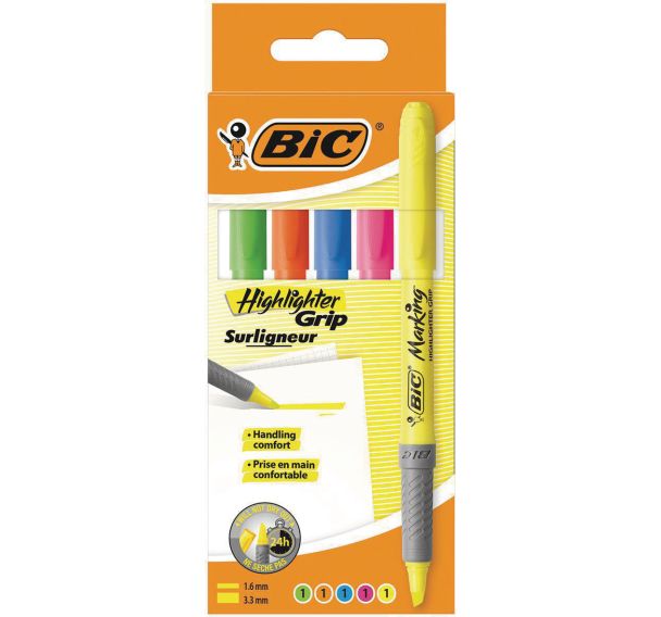 Surligneur BIC Highlighter Grip - Coloris assortis - Pochette de 5