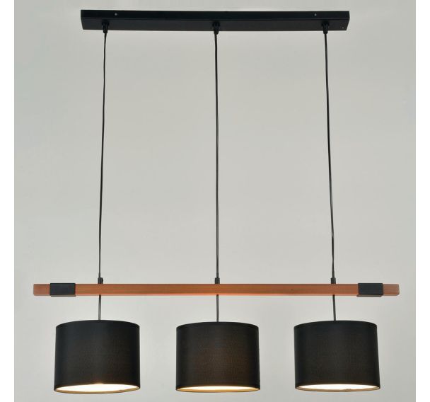 Suspension barre 3 lumières en bois et métal peint chêne/noir
