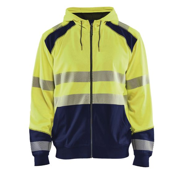 Sweat zippé à capuche haute visibilité jaune fluorescent/marine