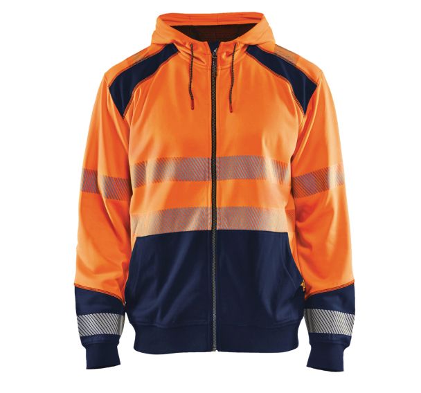 Sweat zippé à capuche haute visibilité orange fluorescent/marine