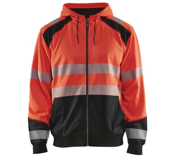 Sweat zippé à capuche haute visibilité rouge fluorescent/noir