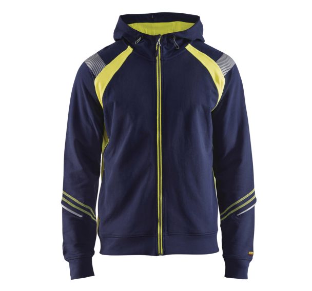 Sweat zippé à capuche marine/jaune fluorescent