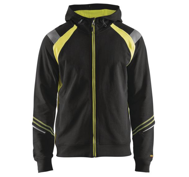 Sweat zippé à capuche noir/jaune fluorescent, capuche réglable