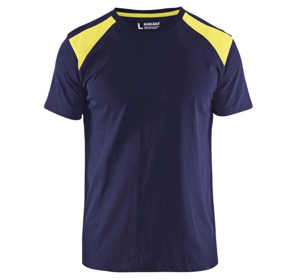 T-shirt marine/jaune fluorescent, maille côtelée