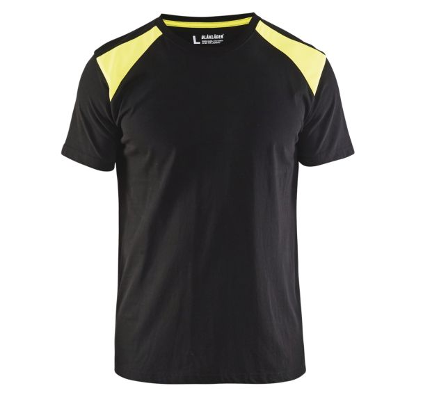 T-shirt noir/jaune fluorescent, col maille côtelée