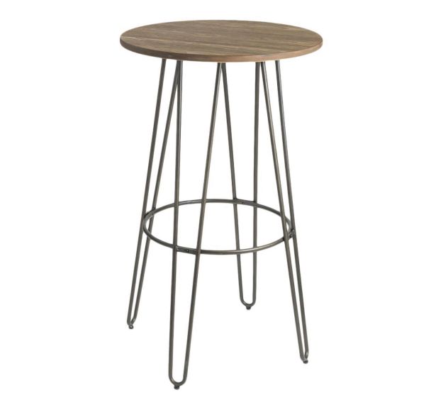 Table Bouchon Ø 60 cm ht 108 cm piet. alu /plateau bois vieilli