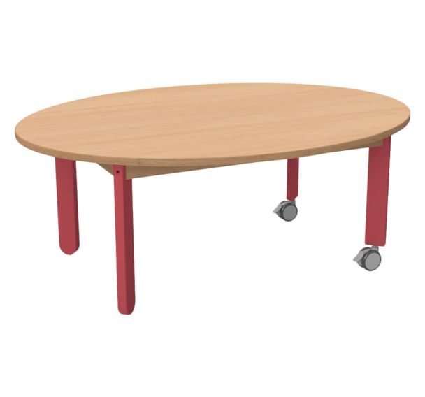Table Lili avec roulettes, plateau ovale hêtre, piétement bois couleur