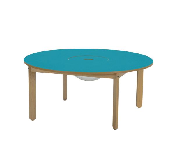 Table Lili ronde, plateau couleur avec bac, piétement bois hêtre