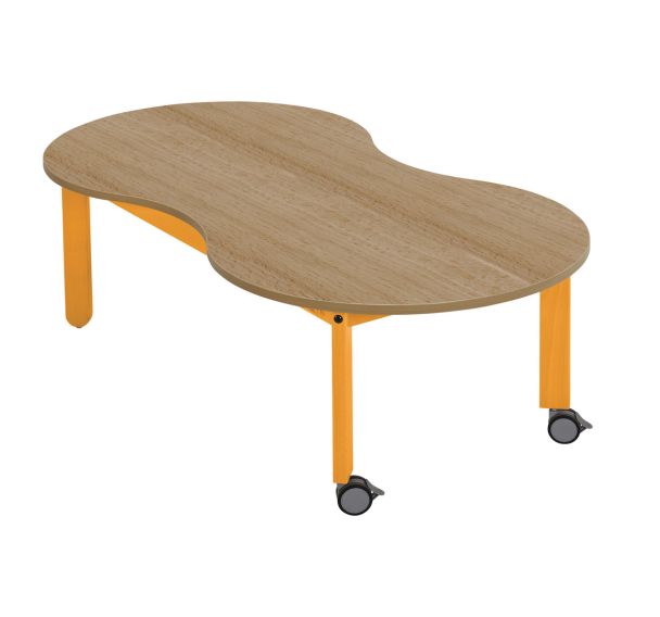 Table Lili roulettes, plateau cacahuète hêtre, piétement bois couleur