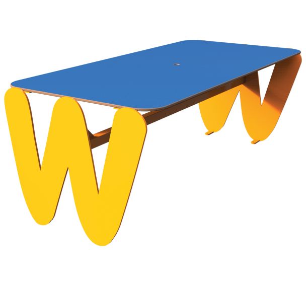 Table TINY rectangulaire 150 cm plateau HPL bleu structure métal jaune 1033