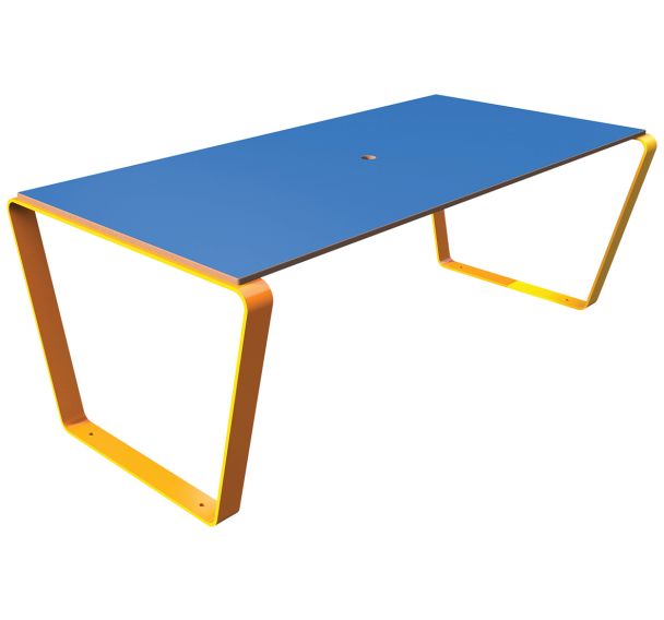 Table TINY rectangulaire 152 cm plateau HPL bleu structure métal jaune 1033
