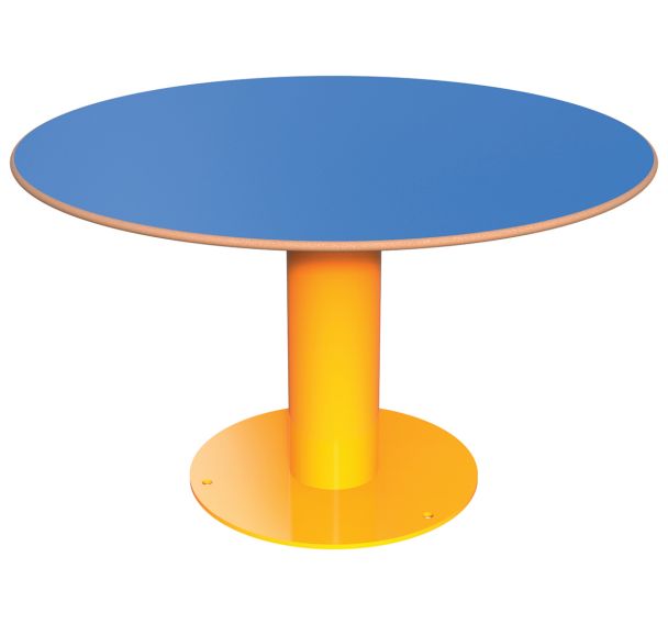 Table TINY ronde Ø 90 cm plateau HPL bleu structure métal jaune 1033