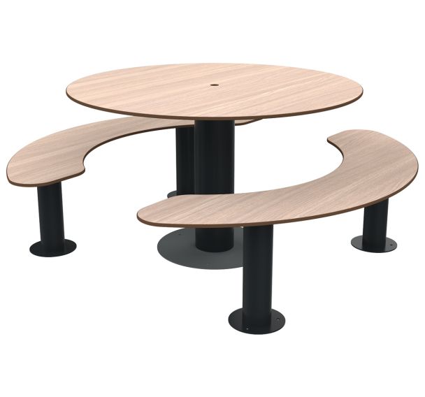 Table bancs MOKA ronde trou parasol bois/métal BUTON DESIGN