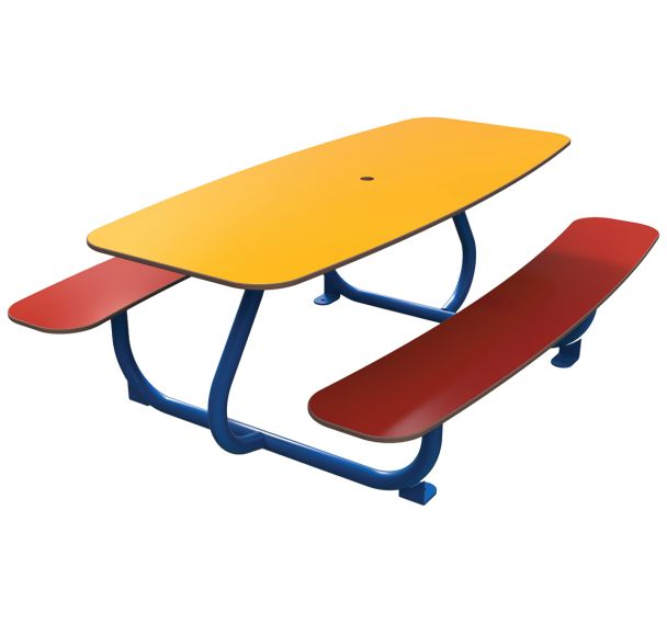 Table bancs TINY 150 cm assise/plateau rouge jaune HPL structure métal bleu 5017