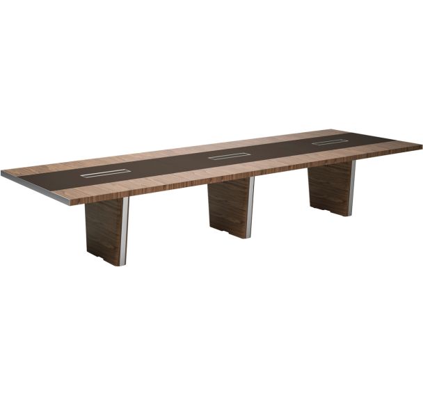 Table de reunion l 420 x p140 noyer américain, insert en cuir marron