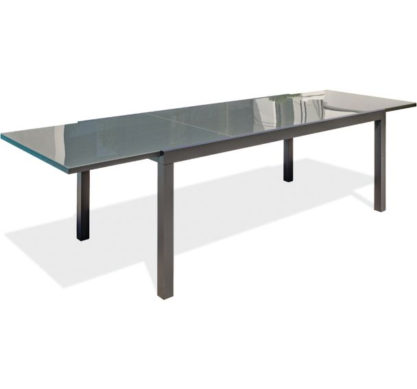 Table jardin Tolede 300x100cm alu+plateau verre gris anthracite