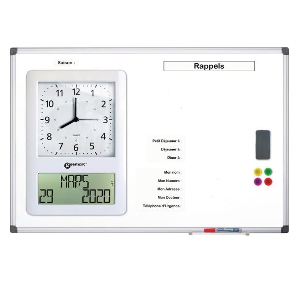 Tableau blanc mémo avec horloge intégrée