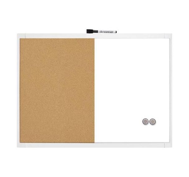 Tableau mixte liège et effaçable a sec, magnétique, encadrement plastique format 58.5 x 43 cm