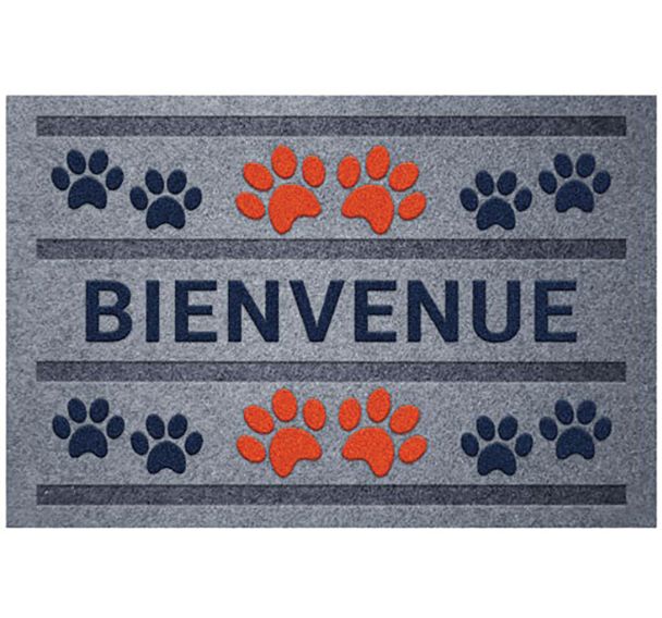 Tapis flocke estampes bienvenue patteS rouge bleu 40x60cm
